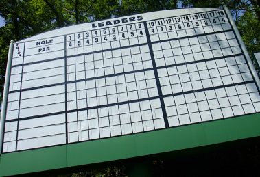 A leaderboard at the Masters Tournament